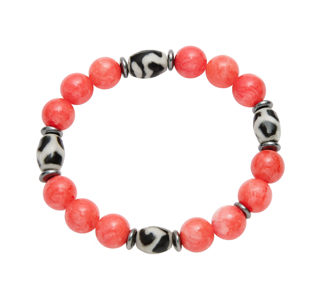 Pink Coral Glow & Dzi-Style Harmony Bracelet