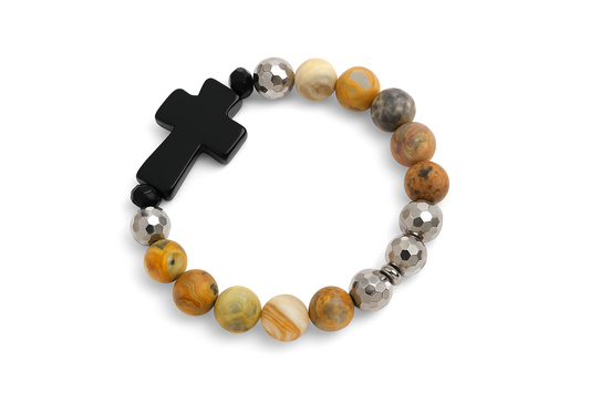 Natural Stone Cross Beaded Bracelet - Jasper & Hematite Bracelet